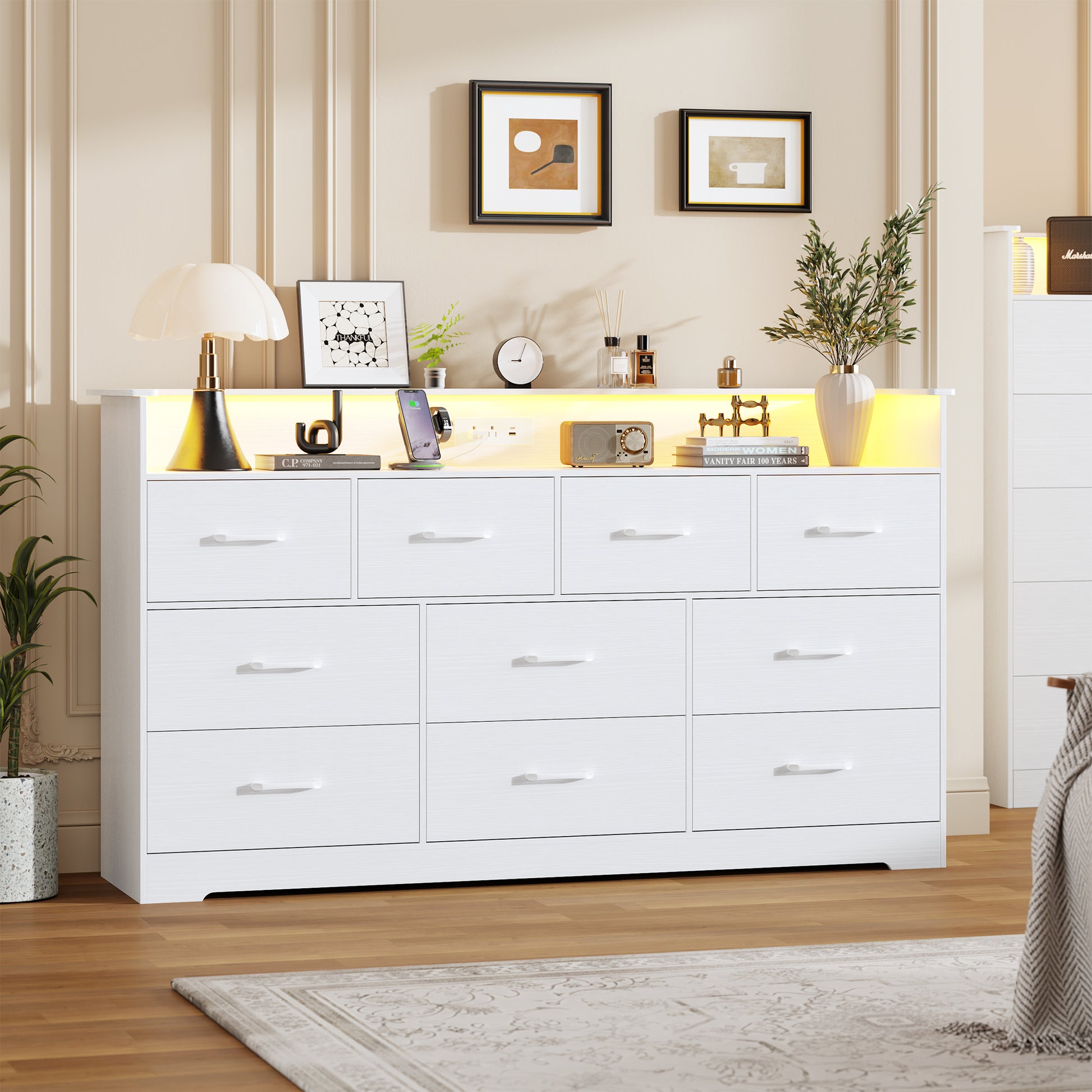 white dresser for women Garvee 10 Drawers Dresser with Open Shelf, 65" Wide Chest of Drawers with Large Storage Space and Charging Station, Modern Organizer Cabinet for