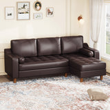 Garvee Mid-Century Modern L-Shaped Faux Leather Sectional Sofa - 88.9 in, 3-Seat Deep Seat Corner Couch - Reversible Convertible Chaise, Easy-Clean Upholstery - Color: Dark Brown - Brown