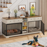 Garvee 82" Large Dog Crate for 2 Dogs, Dog Kennel Indoor with 4 Drawers and Shelves, Heavy Duty Double Dog Crate Furniture TV Stand, Wooden Dog Cage for Medium Large Dogs, Washed White - Washed White