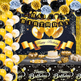 Garvee Black Gold Birthday Decorations for Men Women. 120PCS Bday Party Supplies. Birthday Banner Backdrop Tablecloth Foil Curtains Balloons Arch