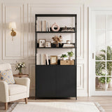 Garvee 71”Tall Bookshelf with Doors - Industrial Display Standing Shelf Rack with 3-Tier Shelves & Metal Frame, Bookcase with Adjustable Shelf and Protective Rails for Living Room, Office, Black - Black