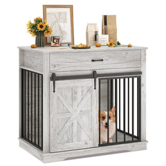 Garvee 37.8"W Dog Crate Furniture for Small/Medium Dogs, 2-in-1 Iron-Wood Fusion Dog Cage Indoor As Side End Table, Farmhouse Dogs Kennel with Sliding Barn Doors & Storage Drawer, Gray - Gray