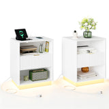 Garvee Set of 2 Modern Fluted Wooden Nightstands with Drawer – Built-in Charging Station & LED Light – Spacious Storage Bedside Tables for Bedroom or Living Room – White