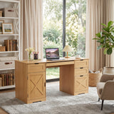 Garvee Farmhouse Office Desk 59 Inch – 4 Storage Drawers, Keyboard Tray, Adjustable Shelves, Built-in Charging Station, Solid Wood Executive Computer Desk for Home or Studio, Natural Wood Color - Natural Wood