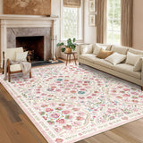 Garvee Washable Floral Area Rug for Girls Bedroom, Soft Low Pile Non-Slip Carpet, Mark Resistant Collapsible Thin Mat for Living Room, Dining, 5x7ft Beige Pink - Pink