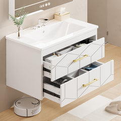 Garvee Modern 24" Floating Bathroom Vanity in Humidity-Resistant Design with Soft-Close Drawers and Gold Handles, Whtie - White