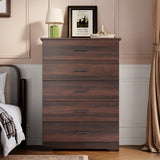 Garvee Mid-Century Modern 5-Drawer Dresser Chest - 47" Tall Wood Storage Organizer with Metal Handles for Bedroom, Living Room, Entryway or Hallway - Red-Brown - Red-Brown