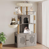 Garvee Multi-Level Cat Tree with Litter Box Enclosure – Hidden Litter Box, Large Soft Perch, Sisal Scratching Posts, Condo & Hammock – Modern Cat Litter Box Cabinet for Indoor Cats – Gray - Grey