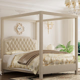 Garvee Queen Canopy Bed Frame with Upholstered Headboard, Four Poster Design, Button Tufted, and Slide Rail, No Box Spring Required, Wooden Slatted Structure, Beige - Beige