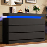 Garvee 6 Drawer Dresser with LED Light & Charging Station - Modern Bedroom Bedside Table & TV Stand - Double Chest with Open Shelf for Living Room, Entryway, Hallway - Black Embossed - Black