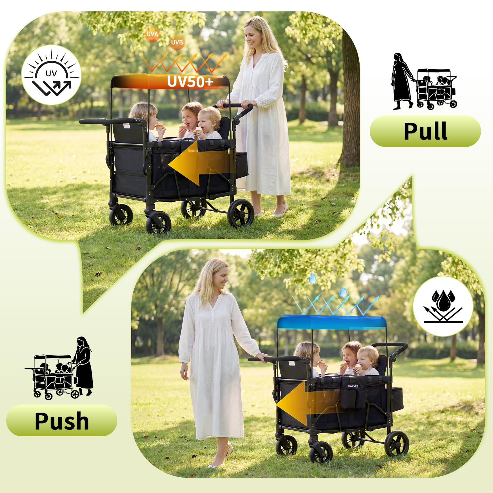 Garvee Double Stroller Wagon 2-in-1 Foldable Push Pull Wagon with Canopy  Adjustable Handle 132lbs Capacity for Twins Toddler