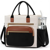 Garvee Women's Insulated Lunch Bag – Large Leakproof Lunch Box with Wide Opening, Cup Holder, Adjustable Shoulder Strap – Reusable Tote for Work, School, Picnic, Beach, Travel – Light Black-White-Brown - Black With Off White With Brown