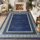 Garvee 9' x 12' Navy Blue Vintage Floral Bordered Area Rug, Washable Non-Slip Low-Pile Carpet for Living Room, Bedroom and Dining Room - Navy Blue