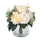 Garvee Lifelike Silk Flower Arrangement – 4 Roses & 4 Peonies in Glass Vase with Faux Water, Real Touch, No Maintenance, Ideal for Home, Wedding, Table Centerpiece, Champagne - Peony & Rose With Faux Water