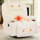 Garvee 360° Swivel Rocker Glider Recliner Chair for Adults - Extra Wide Manual Recline - Vibration Massage & Heat - Cup Holder + Side Storage - White Corduroy - Corduroy|White
