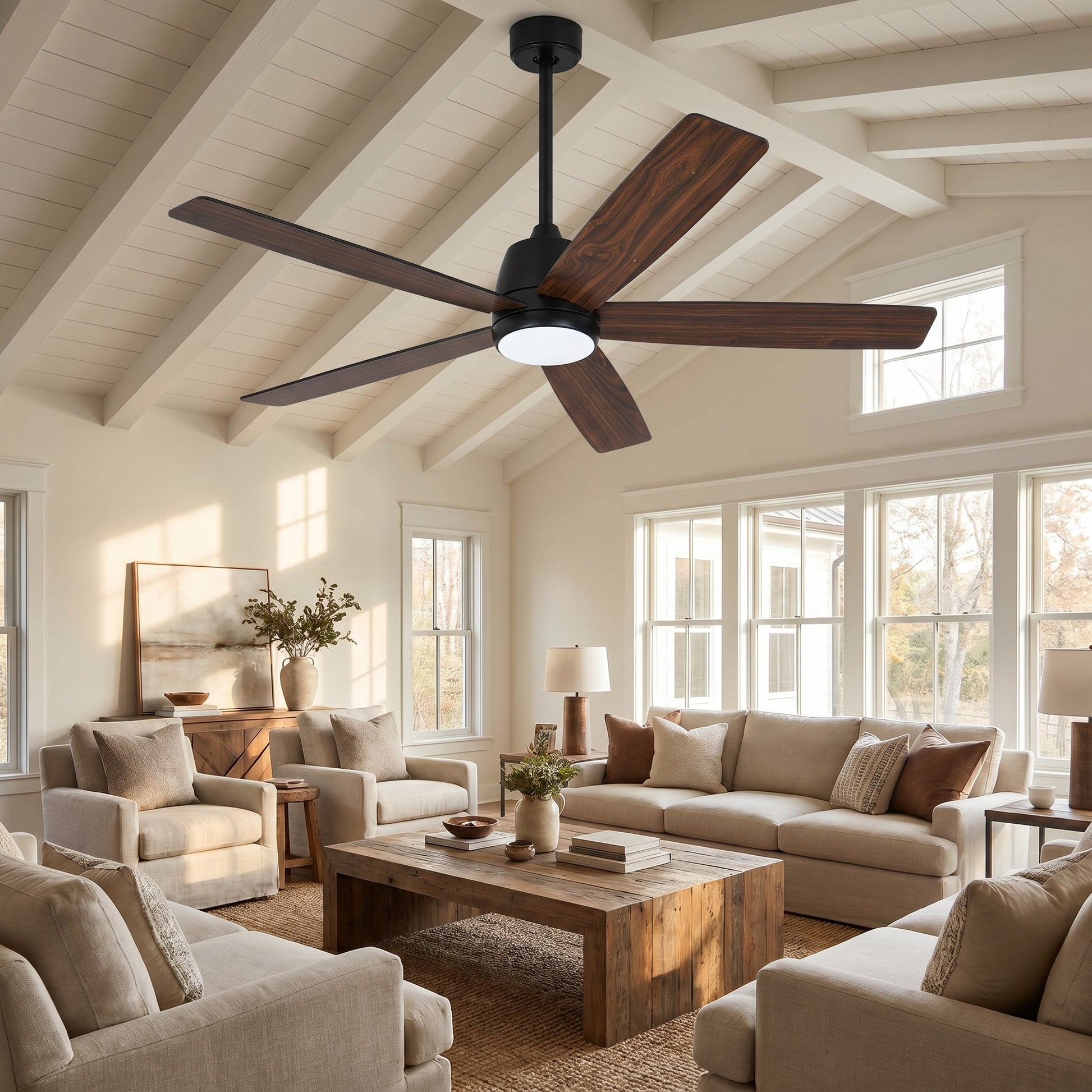 Garvee Modern 52" Ceiling Fan in Hanging Bar Design with 3-Color Temperature LED Light, Quiet Reversible DC Motor and Remote for Bedroom, Living Room and Dining Room, Black & Walnut