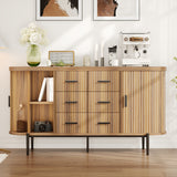 Garvee 59in Sideboard Buffet Cabinet, Farmhouse Fluted Credenza Storage Cabinet Media TV Console Table with 6 Drawers 2 Sliding Doors and Faux Marble Top for Living Room Kitchen, Walnut
