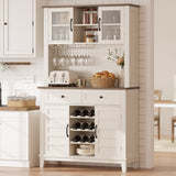 Garvee 72" Pantry Coffee Bar Cabinet with Storage Hutch, Tall Kitchen Pantry with Adjustable Shelves, 4 Cup Hooks, 3-Tier Wine Rack, 2 Drawers & 4 Doors, Kitchen Cabinet for Dining Room, White