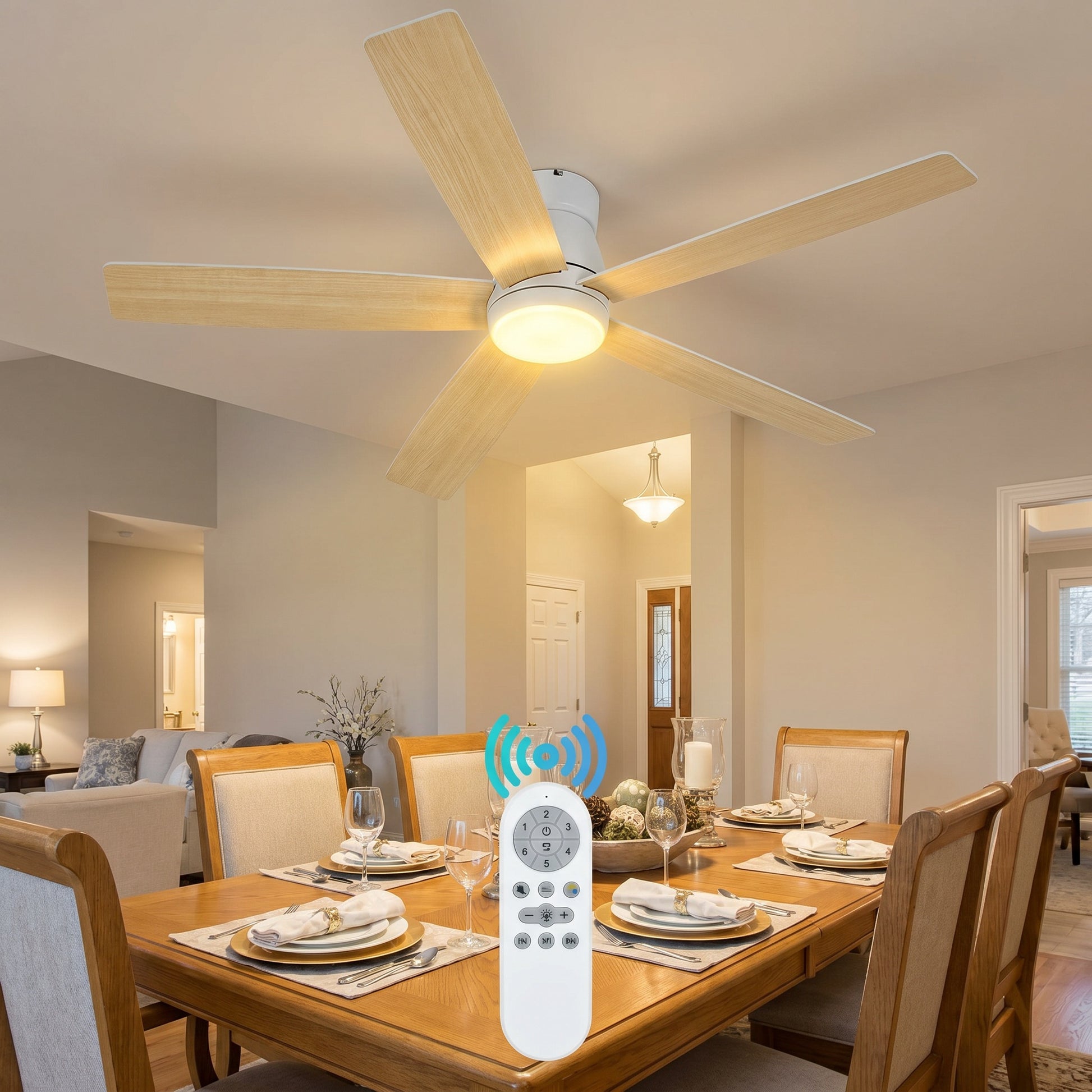 Garvee Modern 52" Ceiling Fan with 3-Color Temperature LED Lights and Remote, Quiet Reversible DC Motor for Bedroom, Living Room and Dining Room, White & Yellow
