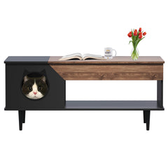 Garvee Cat Litter Box Enclosure, Cat Head Decor Storage Cabinet, Hidden Litter Box Furniture, Wooden Cats Washroom Furniture, Indoor Pet House, 44.9" L x 21.2" W x 20.5" H - Black