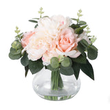 Garvee Lifelike Silk Flower Arrangement – 4 Roses & 4 Peonies in Glass Vase with Faux Water, Real Touch, No Maintenance, Ideal for Home, Wedding, Table Centerpiece, Pink