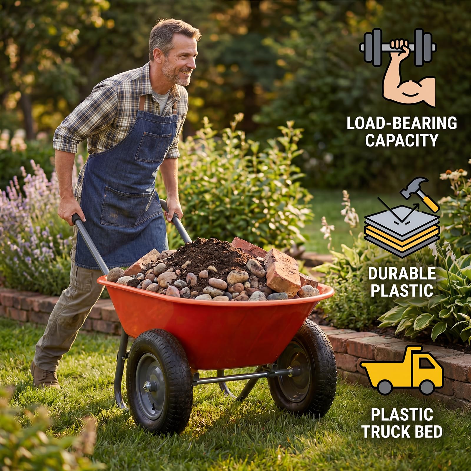 Two-hand grip detail on GARVEE red garden wheelbarrow