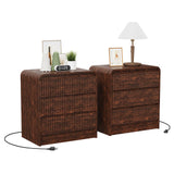 Garvee Fluted Nightstand Set of 2 with Charging Station, 3 Drawers, Walnut - Walnut|2 Pack