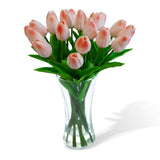 Garvee Real Touch Pink Artificial Tulips in Glass Vase – 20 Lifelike Silk Flowers, Faux Water, Elegant Home or Dining Table Centerpiece, Maintenance-Free – Vase 10cm x 20cm, Total Height 38cm, Pink - Pink