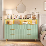 Garvee Modern Fluted 7 Drawer Dresser with LED Lights & Charging Station – Wide Chest with Gold Metal Handles, Wooden TV Stand & Storage Organizer for Bedroom, Living Room, Hallway – FruitTech Green - Green