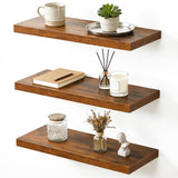 Garvee Rustic Brown Floating Wall Shelves Set, Wood Display Shelf with Metal Brackets, Wall Mounted for Bedroom, Living Room, Kitchen, Bathroom, Picture Frames, Plants, 60x20x3cm, 3PCS