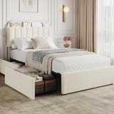 Garvee Boucle Upholstered Twin Platform Bed Frame with Storage Headboard, Bookcase & 2 Drawers - Modern Noise-Free Bedroom Furniture, No Box Spring Needed, Easy Assembly - Twin Size, Light beige shade - Off White