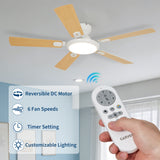 Garvee 52 Inch Modern Ceiling Fan with Dimmable 3-Color LED Light, 5 Reversible Blades, 6-Speed Quiet DC Motor, Remote Control, Energy Efficient, Ideal for Bedroom and Living Room, White, Ceiling Mount - White