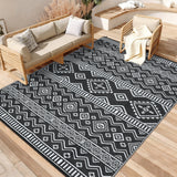 Garvee Outdoor Area Rug Waterproof Plastic Straw Rug, Boho Reversible RV Mat, Stain-Resistant Indoor Outdoor Carpet for Picnic, Deck, Balcony, Beach, Patio - Black & White