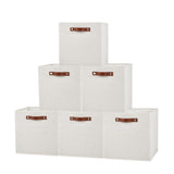 Garvee Linen Storage Bins 6 Pack, 11 Inch Foldable Cube Baskets with Leather Handles, Collapsible Fabric Shelf Organizer Boxes for Closet, Open Front Cube Storage Bins for Shelves, Beige