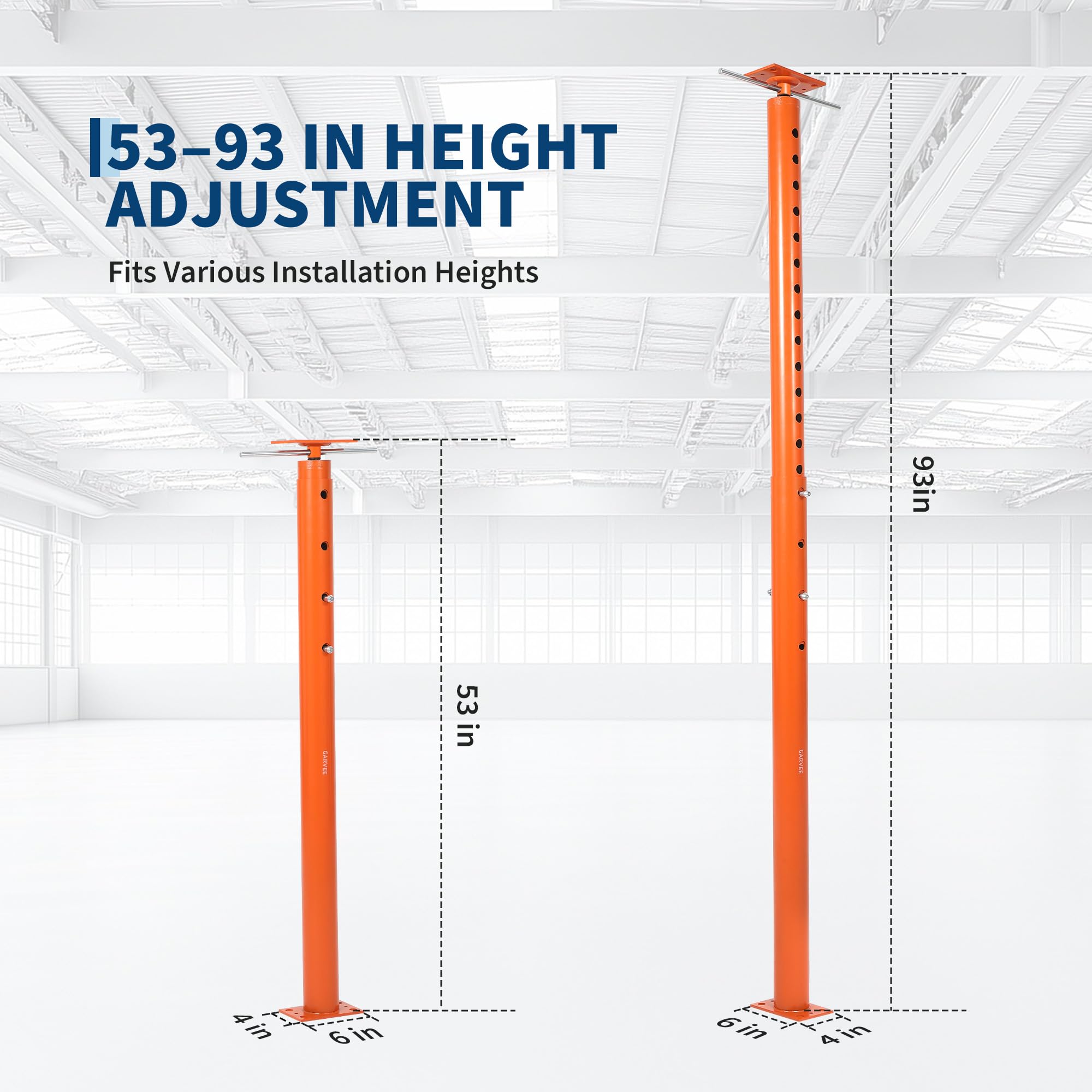 Adjustable jack post showing a 53" to 93" height range and 6"×4" base dimensions