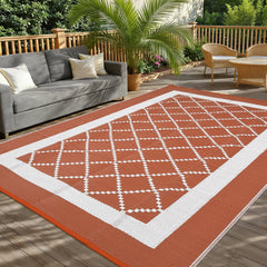 Garvee Waterproof Outdoor Rug 8x10ft – Reversible Terracotta Orange/White Geometric Carpet for Patio, Beach, Camping – UV Resistant, Easy Clean, Non-Slip Mat - Terracotta