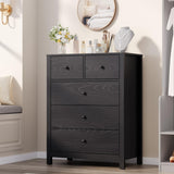 Garvee Modern Minimalist 5 Drawer Dresser - Tall Black Wooden Chest with Deep Storage Drawers, Wide Top, Metal Knobs, Sturdy Furniture for Bedroom, Hallway, Kids Room - Dark Oak - Black