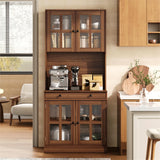 Garvee 72 Inch Kitchen Pantry Cabinet with Glass Doors, Drawer and Adjustable Shelves, Farmhouse Tall Storage Cabinet with Open Countertop, Coffee Bar Cabinet for Coffee Corner, Walnut - Walnut