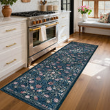 Garvee 2' × 6' Vintage Floral Runner Rug, Machine Washable Non-Slip Low-Pile Rug for Hallway, Kitchen & Entryway, Blue