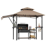 Garvee 8x5 ft Grill Gazebo with Double-Tier Canopy & Adjustable Side Awnings, Heavy-Duty Steel Frame, Shelves & Hooks, 4 LED Lights, Khaki, Patio & Backyard - Khaki