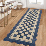 Garvee 2' × 6' Scalloped Checkered Jute-Look Runner Rug, Washable Non-Slip Indoor Outdoor Rug for Kitchen, Hallway, Entryway & Patio, Blue - Navy