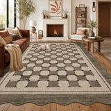 Garvee Scalloped Jute Area Rug - Taupe Checkered Design - Washable Non-Slip Low Pile Carpet for Living Room, Bedroom, Porch, Patio, Entryway, Balcony - Grayish Brown, 9x12ft - Taupe