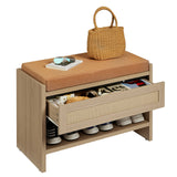 Garvee Rattan Entryway Shoe Bench with Storage Drawer and Padded Linen Cushion – Farmhouse Wooden Hallway Bench with Open Shelf – Organize Shoes in Bedroom, Mudroom, Living Room – Light Oak