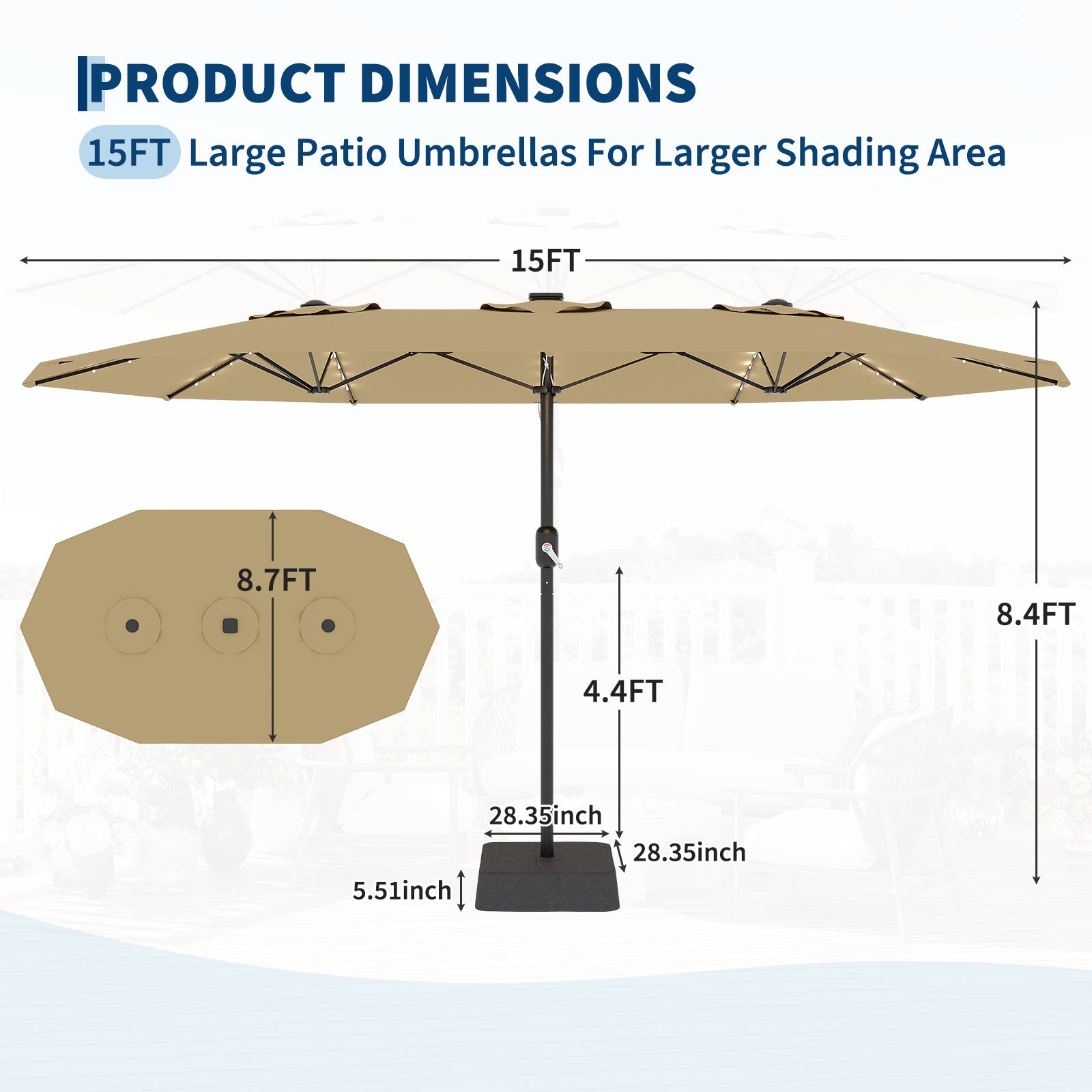 Garvee 15 ft Rectangular Patio Umbrella with Solar Lights & Base Included
