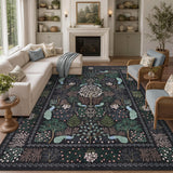 Garvee 9' x 12' Dark Blue Peacock Forest Botanical Area Rug, Washable Non-Slip Low-Pile Carpet for Living Room, Bedroom and Dining Room - Dark Blue