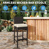Garvee Set of 4 Outdoor Wicker Rattan Patio Bar Stools with Cushions - Bar/Counter Height, Armless, Brown Rattan Frame - Woven Rattan High Beige