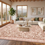 Garvee 9' × 12' Warm Floral Area Rug, Machine Washable Non-Slip Low-Pile Soft Rug for Living Room, Bedroom & Dining Room, Light Tangerine Red
