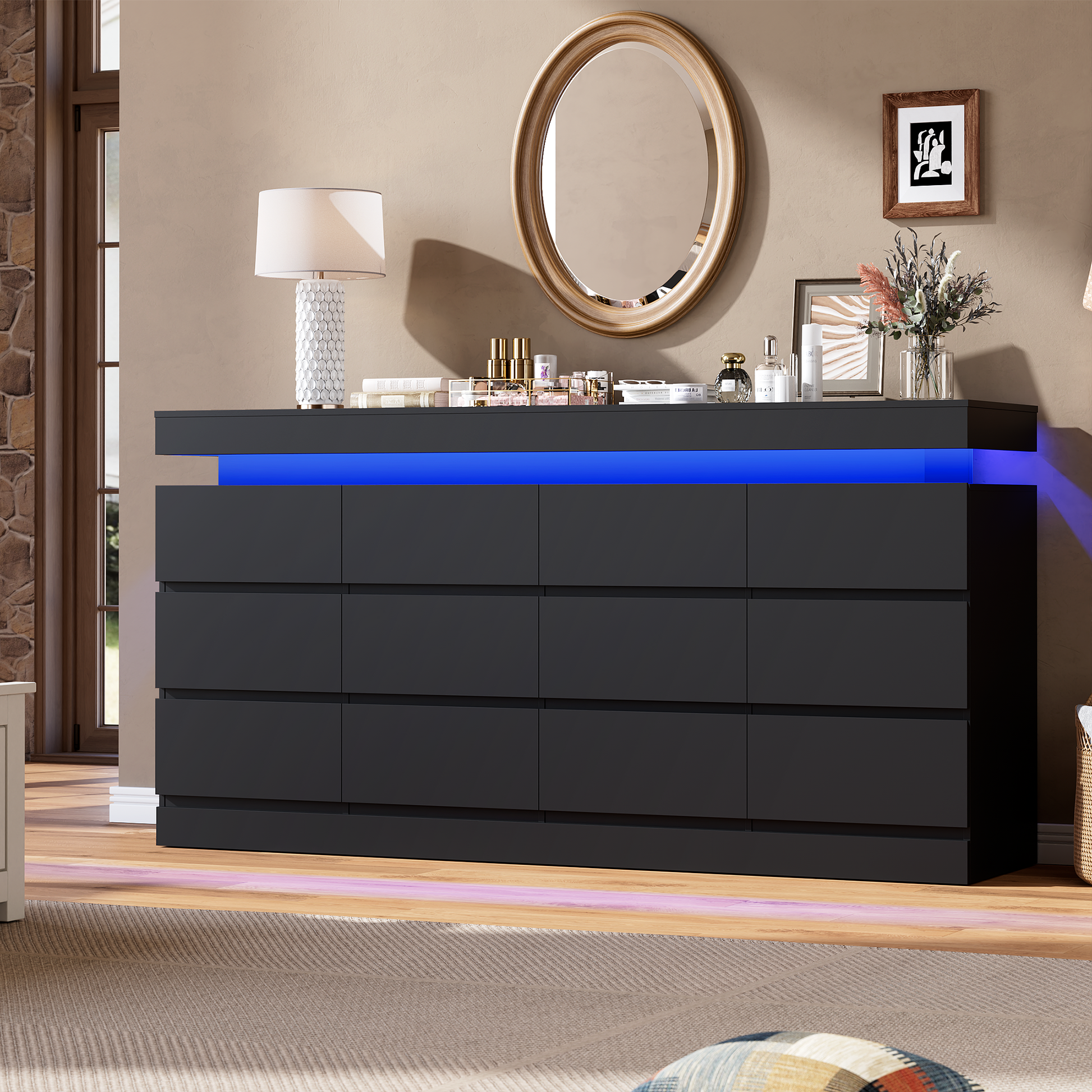 Garvee 12-Drawer Dresser With LED Lights & Charging Station For Bedroom Living Room Entryway 63