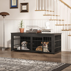Garvee Double Dog Crate Furniture with Divider – Heavy Duty Wooden Dog House TV Stand – 3-in-1 Indoor Kennel End Table for Medium and Large Dogs – Adjustable Feet, Easy Assembly – Gray - Dark Gray