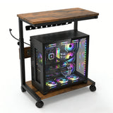 Garvee Adjustable 2-Tier Mobile CPU Stand – Power Outlet & USB Ports – Wood & Steel Rolling Cart, Locking Wheels – Under Desk PC Holder, 80 lbs – Vintage Color, US Standard - Brown